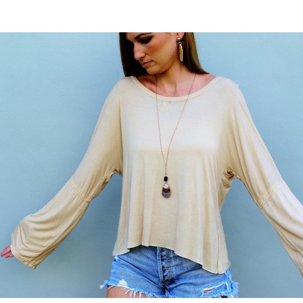 Pol Long Sleeve Flowy Sleeve Top - Sand Beige